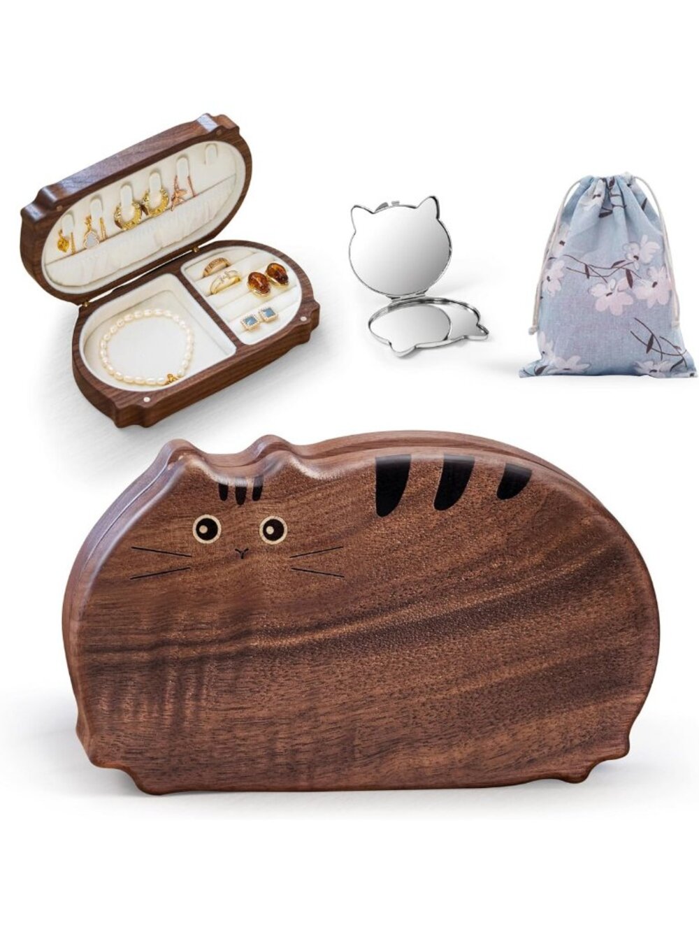 Charming Cat Jewelry Box - Solid Walnut Organizer with Mirror for Rings